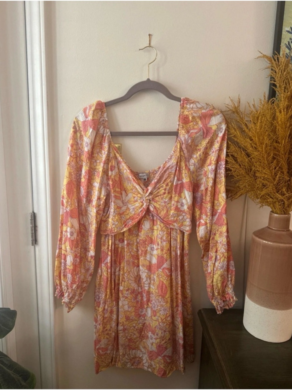 Harper & Me Peach, Yellow and White Twisted Front Floral Mini Dress